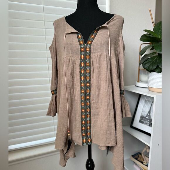 L&B‎ Lucky Blessed Western Boho Tunic Top Sz M? Beige Colorful Embroidered - Picture 2 of 10